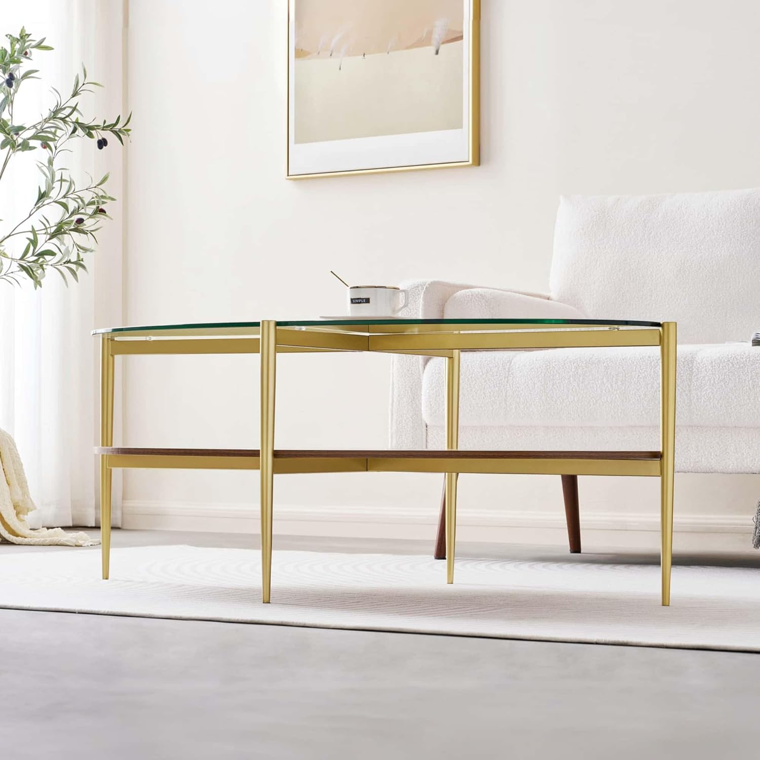 Oval Glass Coffee Table, Mid-Century Modern Design, L43 x W22 x H17 inch, 2-Tier Structure, Olive
