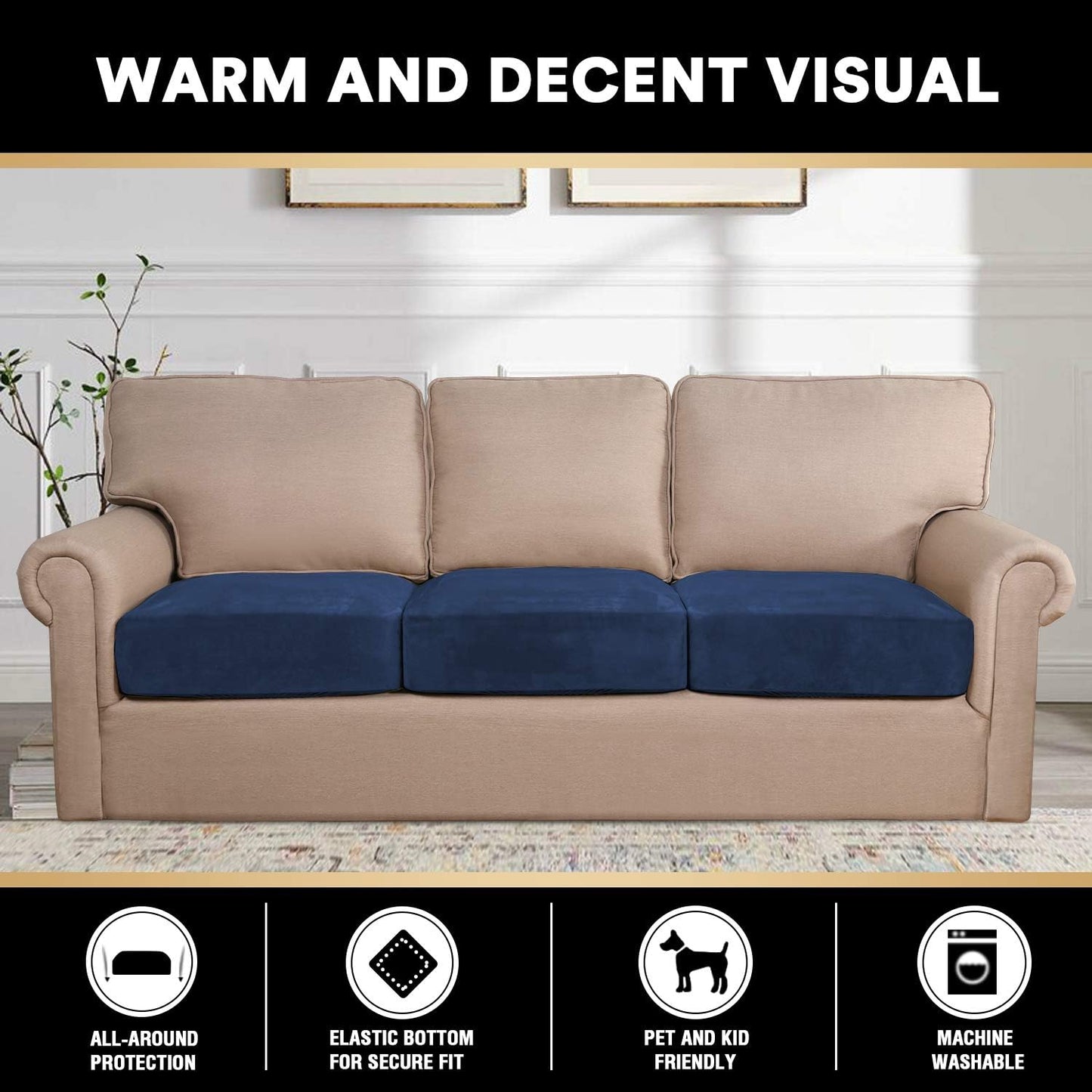 PrinceDeco Couch Cushion Covers, Stretch Washable Sofa Cushion Cover, Fitted Sofa Slipcover Velvet