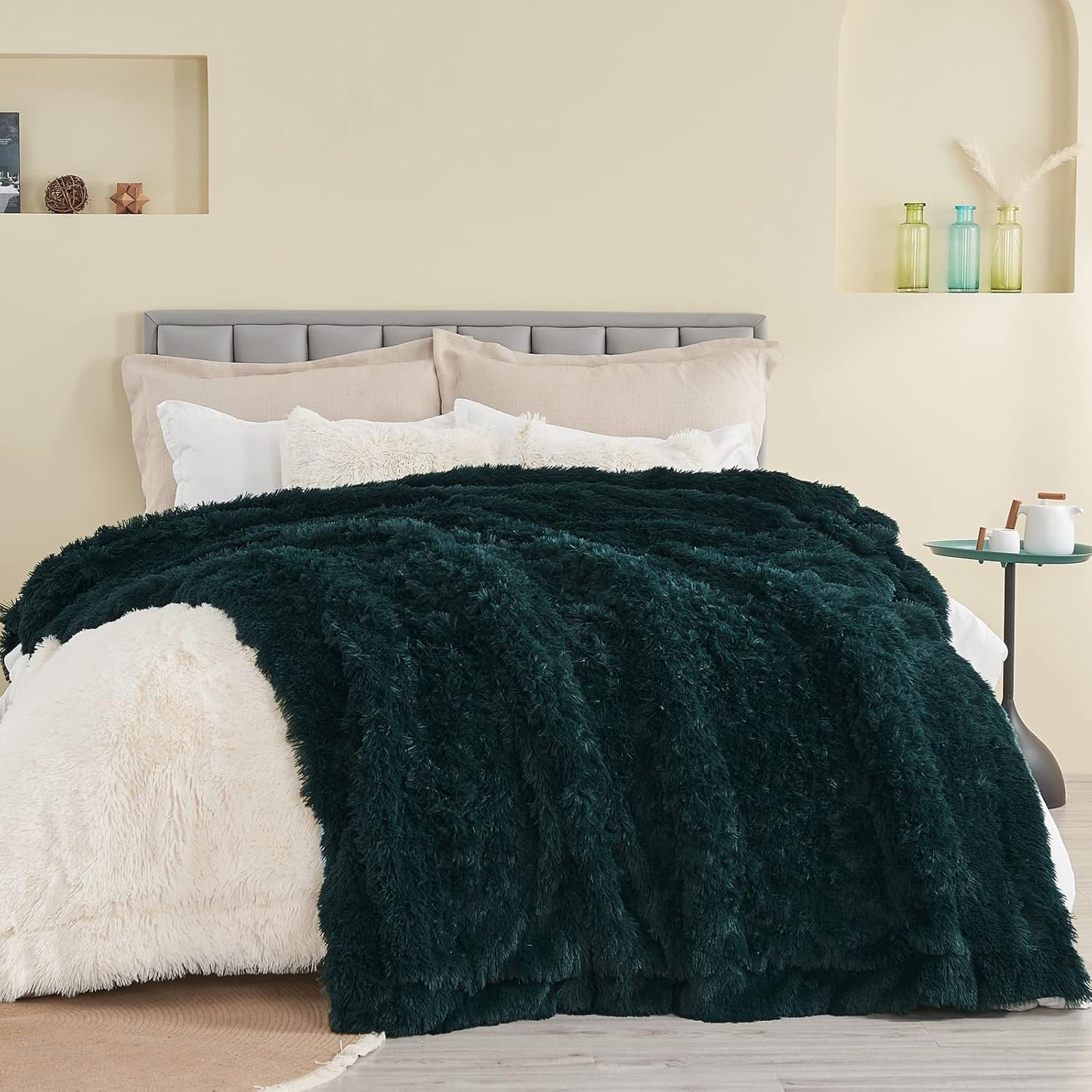 GONAAP Fuzzy Faux Fur Throw Blanket Dark Teal Super Soft Cozy Plush Fuzzy Shaggy Blanket for Couch