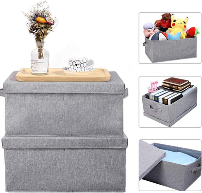 HOONEX Linen Foldable Storage Bins with Lids, 2 Pack, Storage Boxes with Carrying Handles and