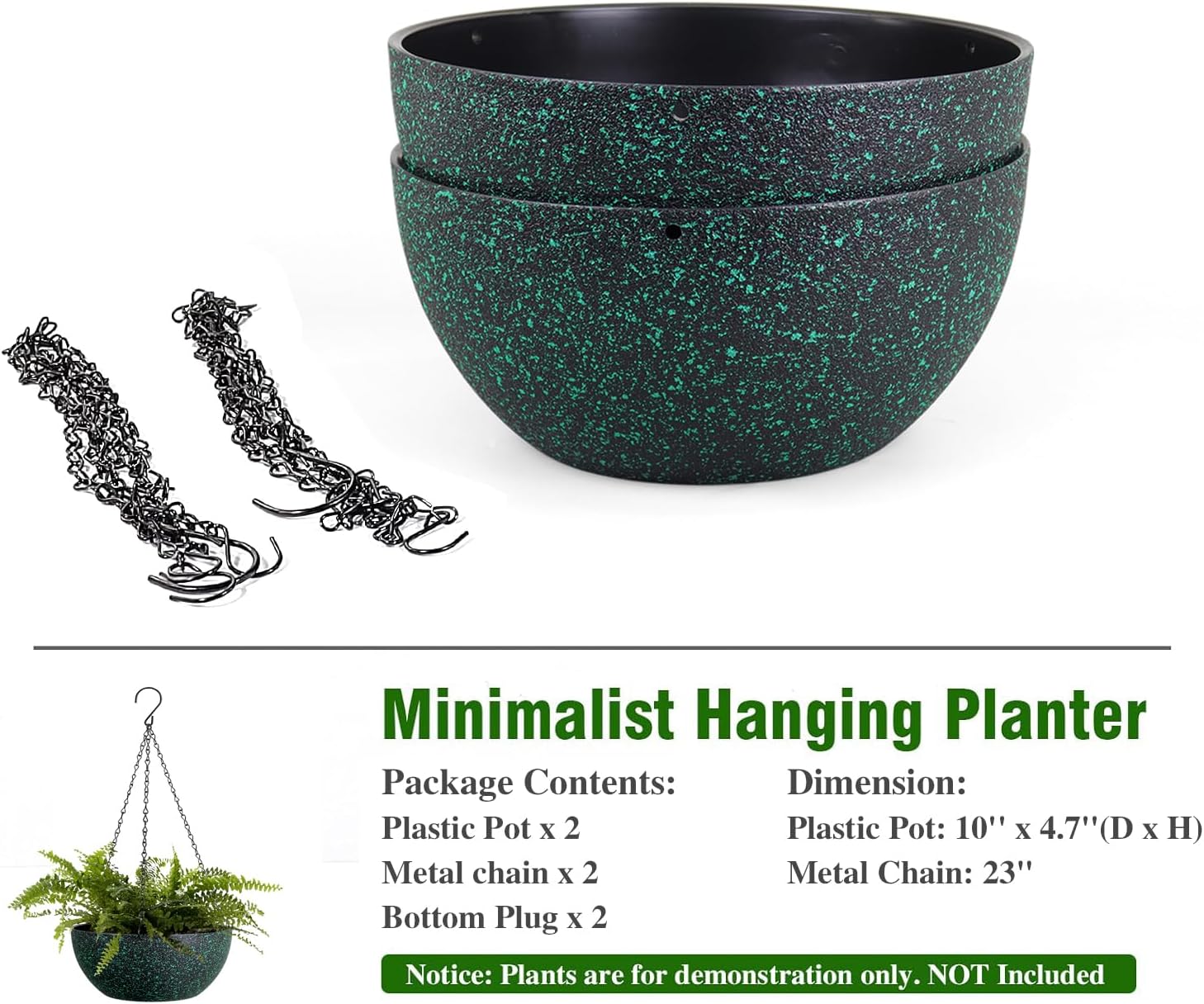 10inch Hanging Planters for Outdoor Indoor Plants with Drainage Holes and Chain, 2 Pack Round