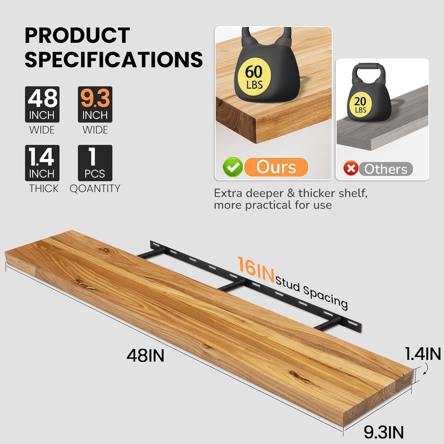 Fun Memories Floating Shelves for Wall, 48"x9.3" Rustic Solid Elm Wood Shelves, Heavy-Duty Wall