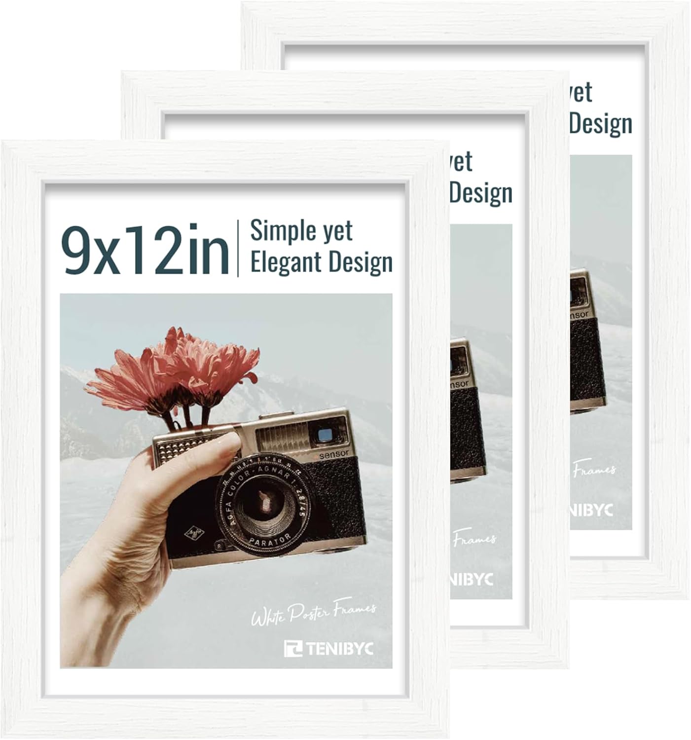 9x12 Frame 3 Pack - White Woodgrain, HD Tempered Glass, 9 x 12 Picture Frame for Photos, Tabletop