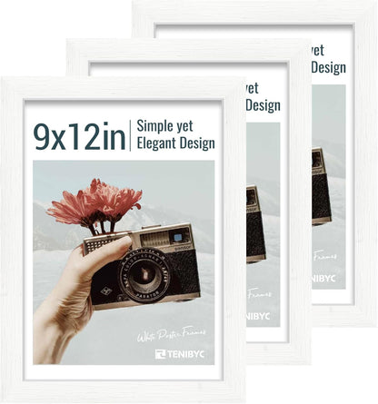 9x12 Frame 3 Pack - White Woodgrain, HD Tempered Glass, 9 x 12 Picture Frame for Photos, Tabletop