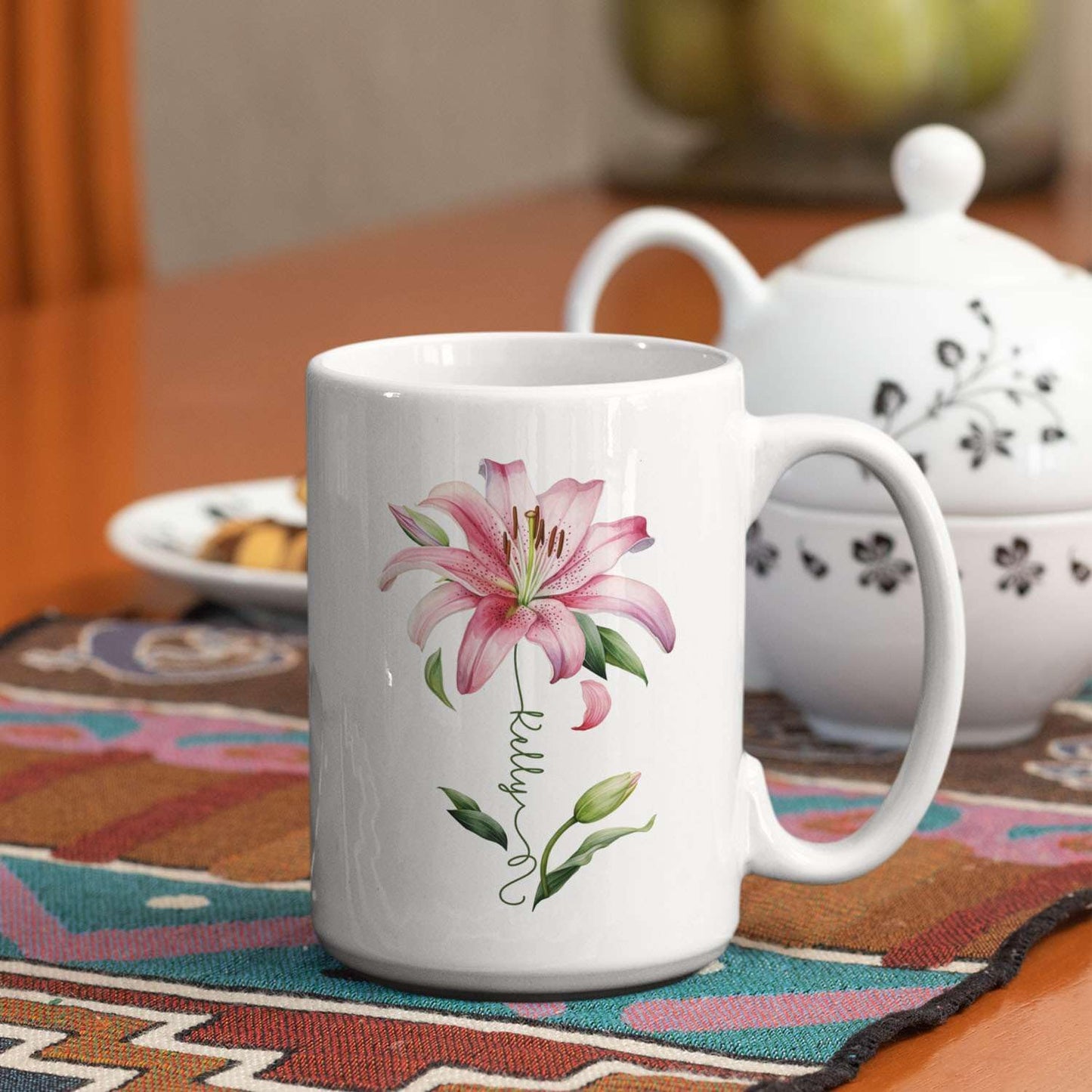 Customized Lily Flower Accent Cup, Novelty Flower Design Mug 11oz 15oz, Personalized Name Lily