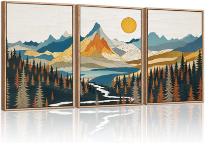 HLNIUC Large Sunset Mountain Framed Wall Art,Boho Forest Pine Tree Canvas Wall Decor Set of