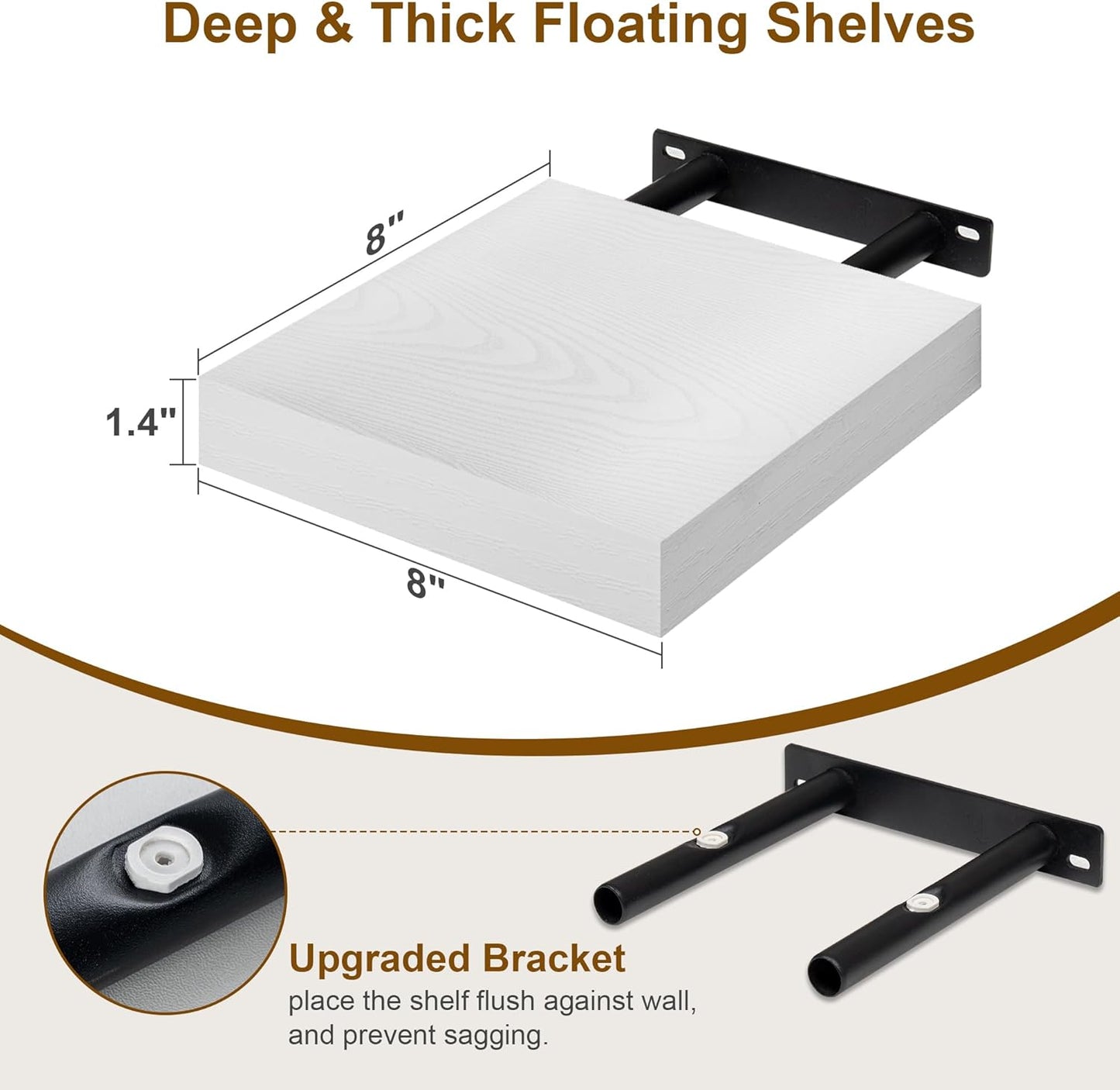 8 Inch Deep Floating Shelves White, Rustic Wood Floating Shelf for Home Decor, 8 x 8 Inch Square