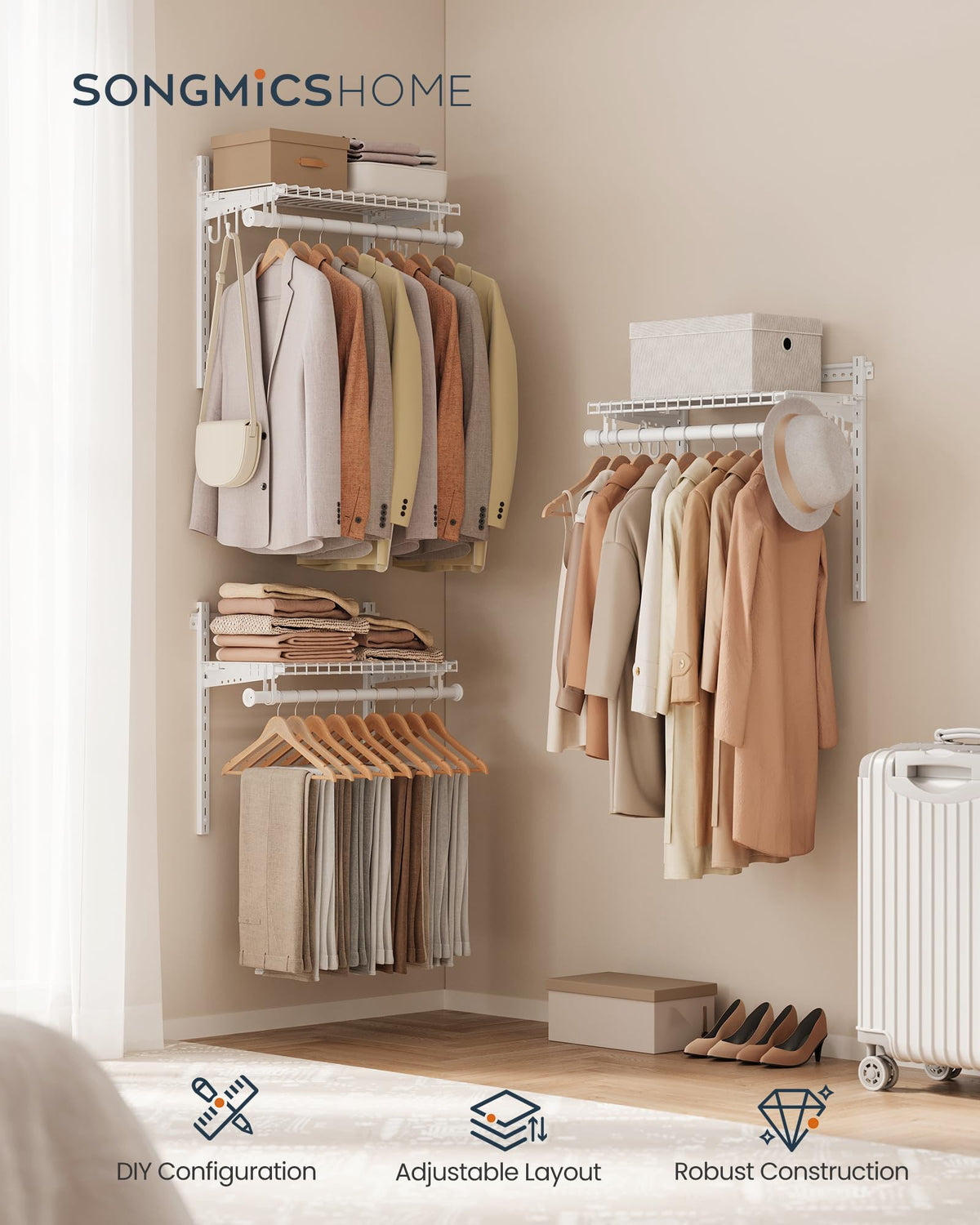 SONGMICS HOME Closet System, Closet Insert Organizer, 3-6 ft Closet Shelves