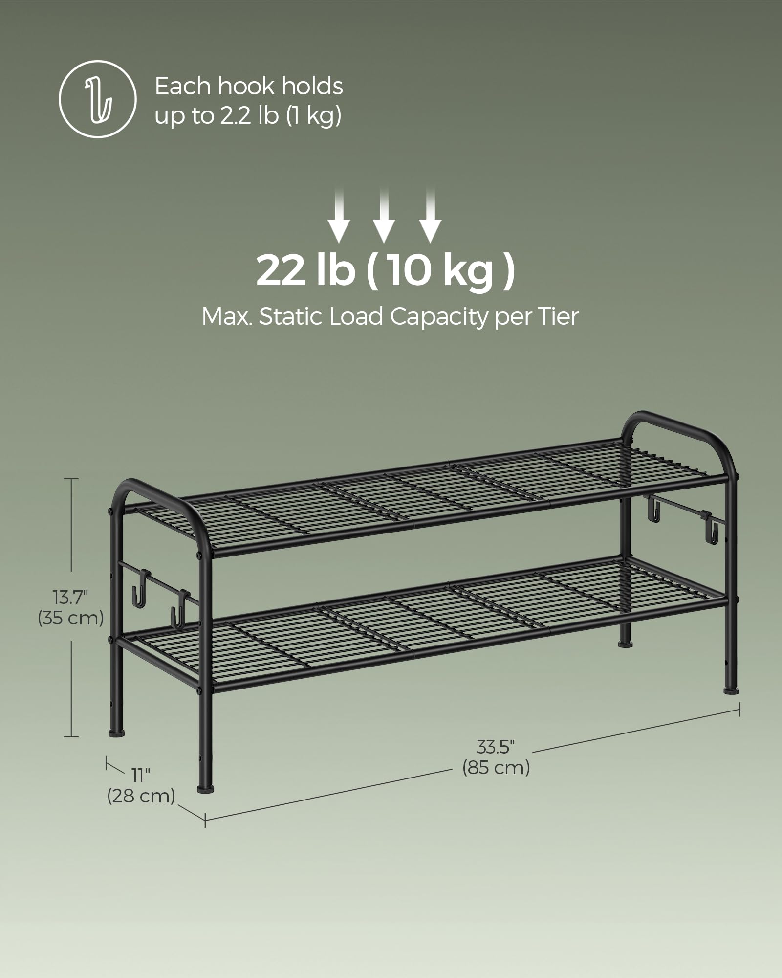 SONGMICS Shoe Rack, 2-Tier Shoe Organizer, Metal Shoe Shelf Storage with 4 Side Hooks, Holds 12