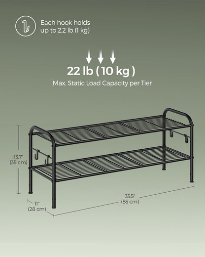 SONGMICS Shoe Rack, 2-Tier Shoe Organizer, Metal Shoe Shelf Storage with 4 Side Hooks, Holds 12