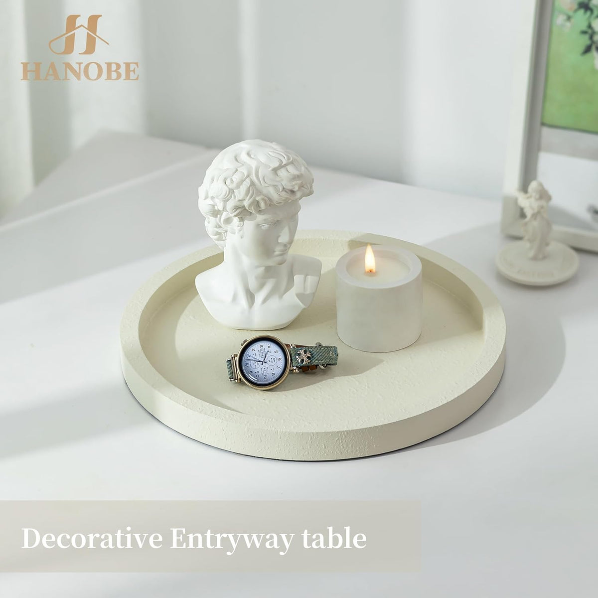 Hanobe Decorative Tray for Coffee Table: Round Ottoman Tray for Living Room 12" Modern Dining Table