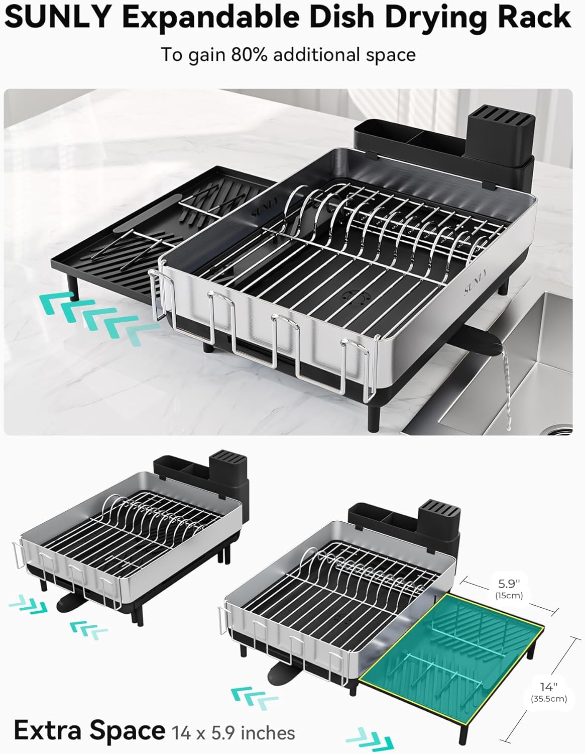 SUNLY Large Dish Drying Rack, Expandable Dish Racks for Kitchen Counter, Space Saving 304 Stainless