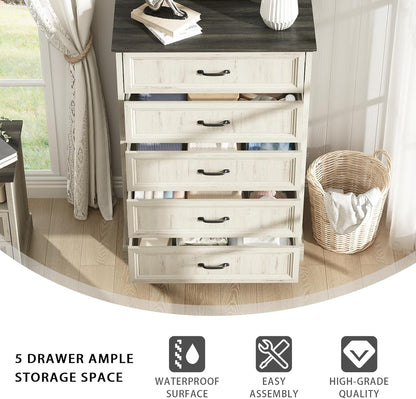 Farmhouse 5 Drawers Dresser for Bedroom, 44" Tall White Dresser Wood Rustic Chest of Drawers with
