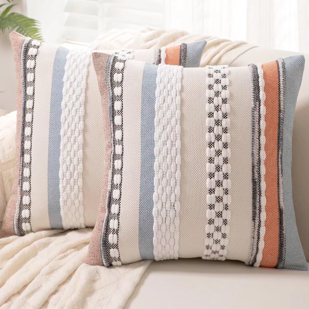 Boho Throw Pillow Covers 18x18 Set of 2 Farmhouse Decorative Cushion Case Striped Square Pillows