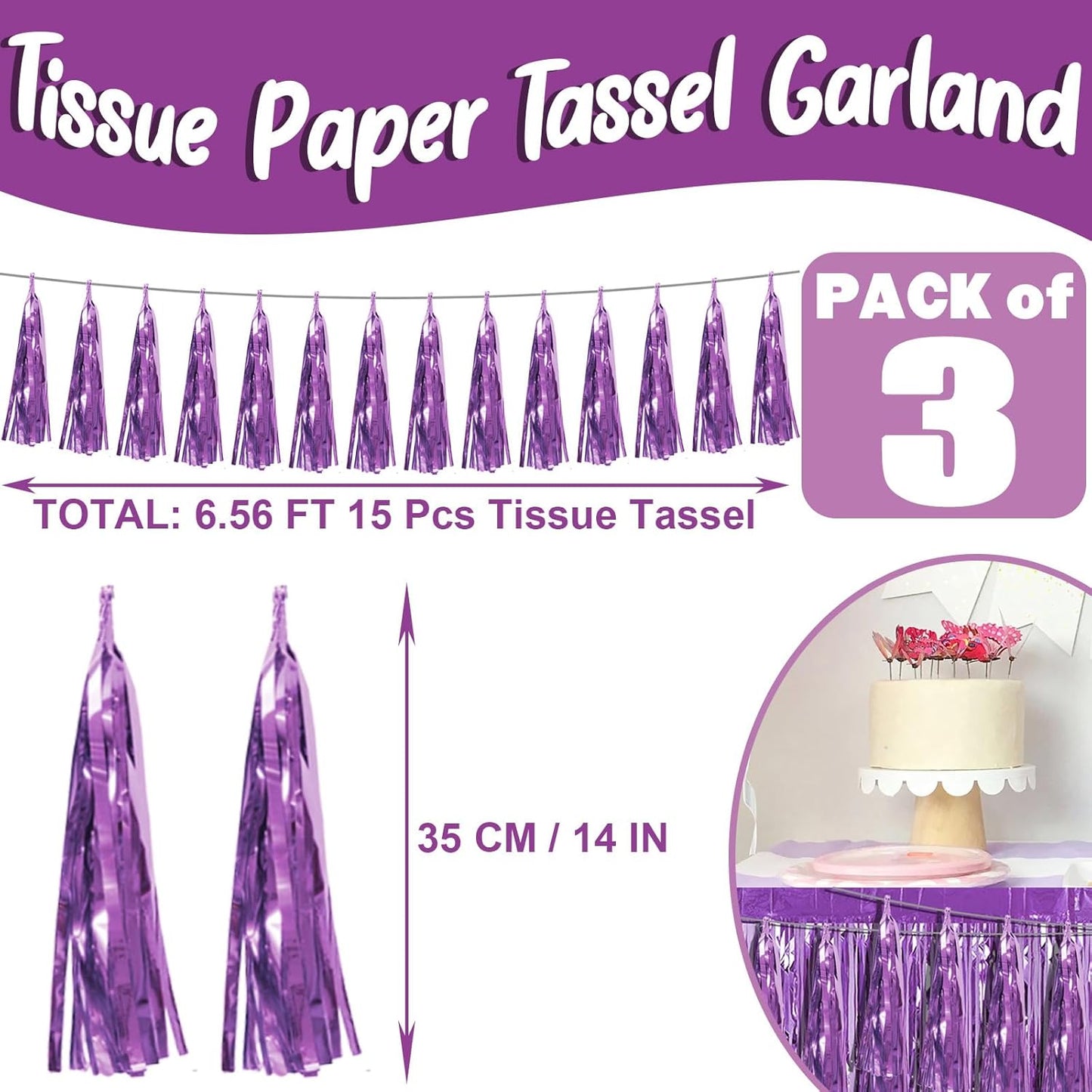 3P Light Purple Foil Fringe Metallic Tassel Streamers Banner Tassel Garland for Parade Floats