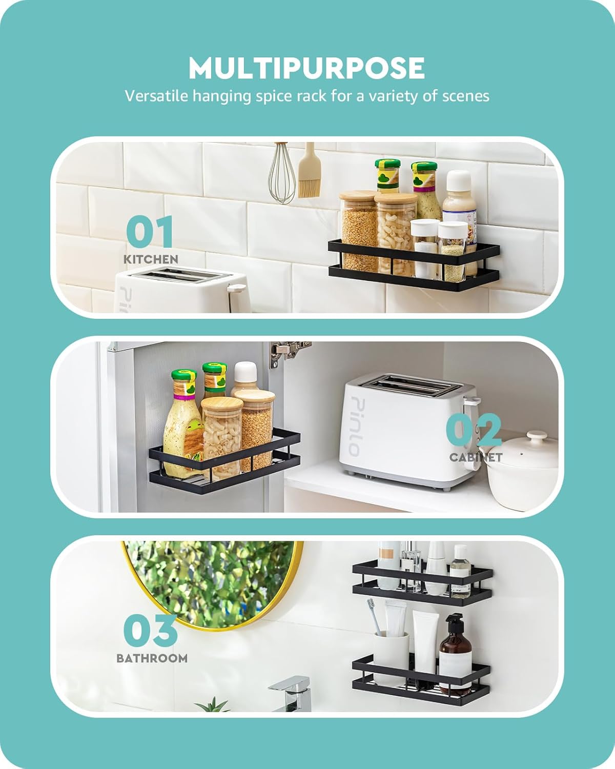 Metal Spice Rack Wall Mount Floating Shelves 2 Pack Black Storage organizer for Cabinet Door Pantry