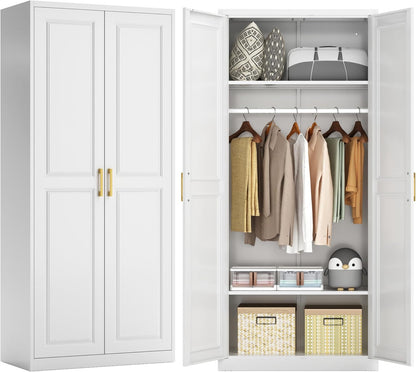 71" Metal Armoire Wardrobe Closet with 2 Doors, Tall Wardrobe Cabinet with Hanging Rod and