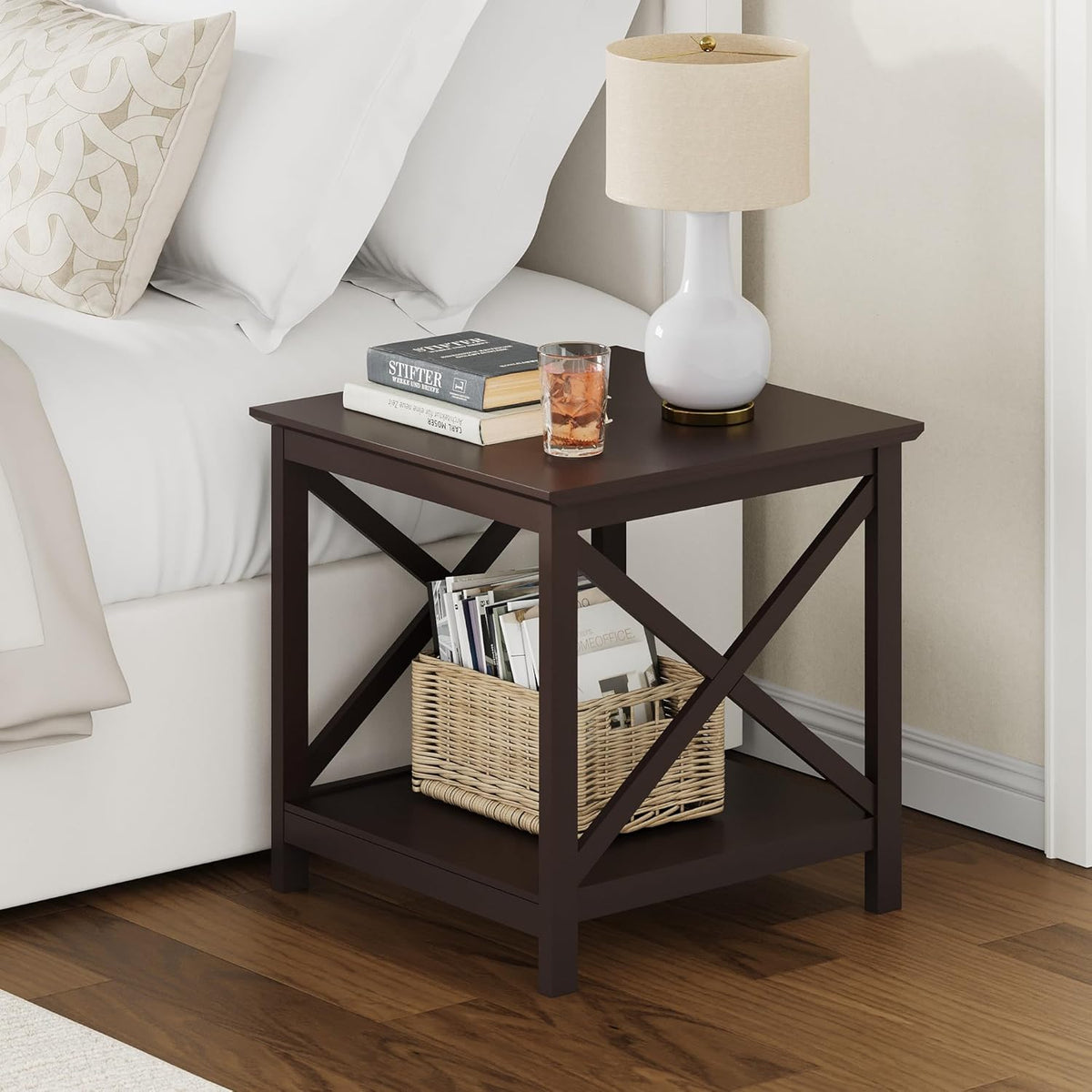 ChooChoo End Table, 24 Inch End Table with 2-Tier Storage Shelf, Side Table for Living Room, Wood