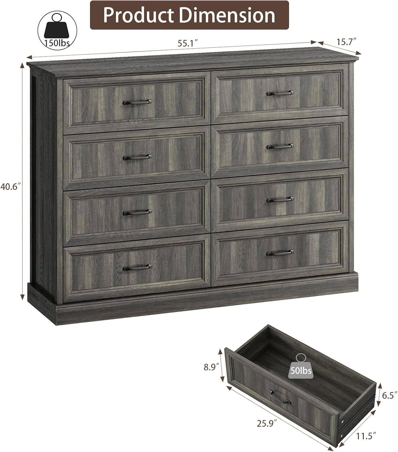 CARPETNAL Farmhouse 8 Drawer Dresser for Bedroom, 55 Inch Wide Modern Grey Dresser TV Stand with
