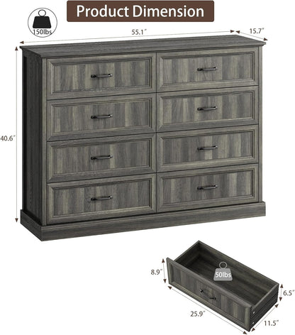 CARPETNAL Farmhouse 8 Drawer Dresser for Bedroom, 55 Inch Wide Modern Grey Dresser TV Stand with