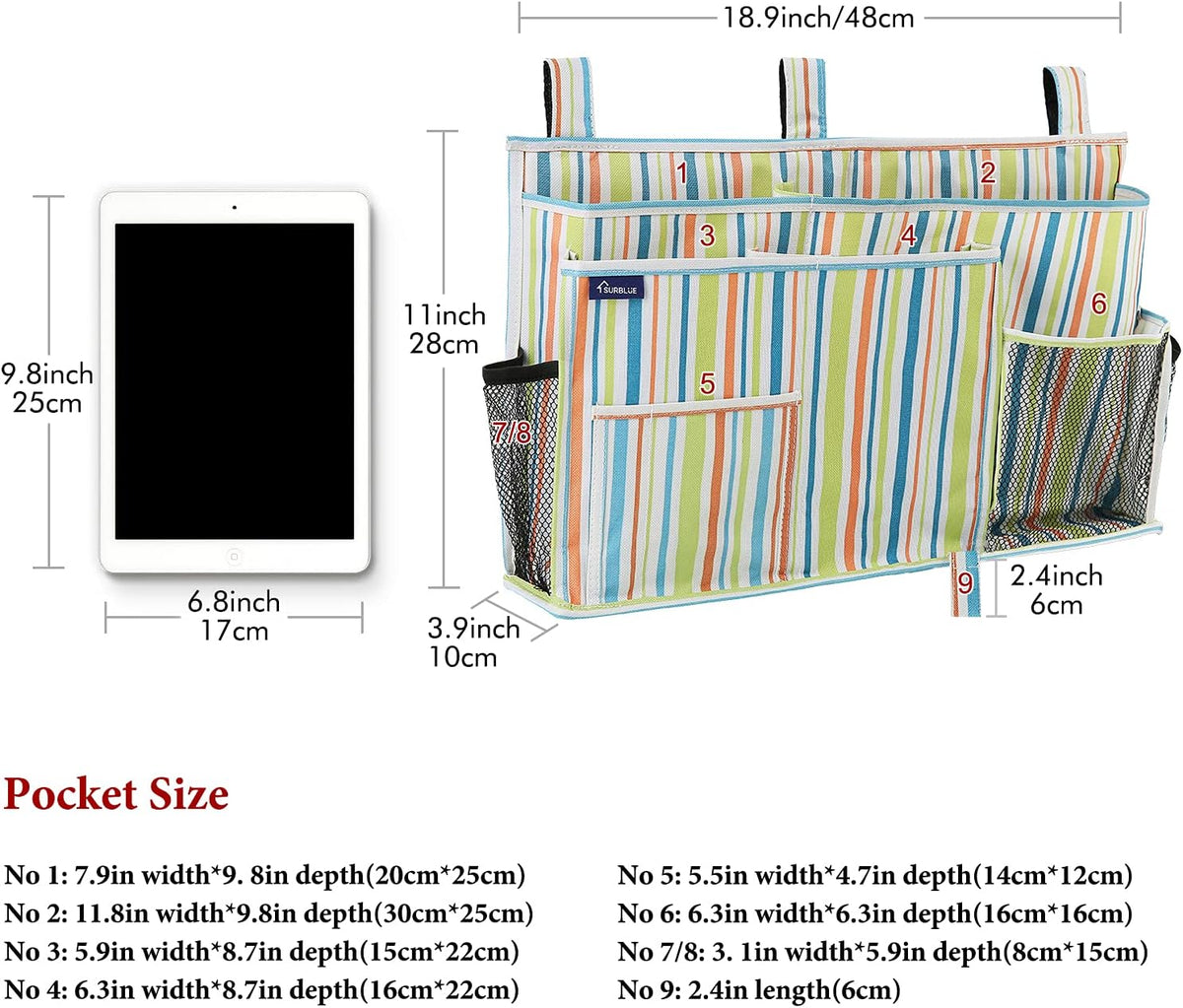 Surblue Bedside Caddy Hanging Bed Organizer Storage Bag Pocket for Bunk and Hospital Beds, College