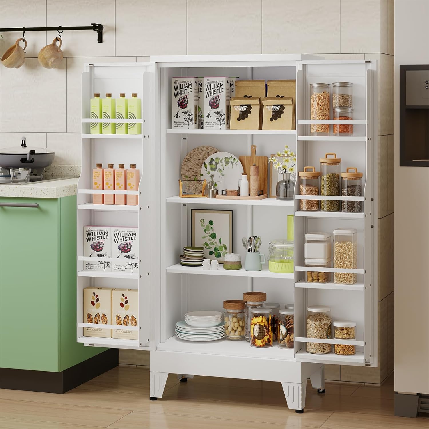 51" H Metal Kitchen Pantry Storage Cabinet, Freestanding Cupboard Storage Cabinet with Doors and