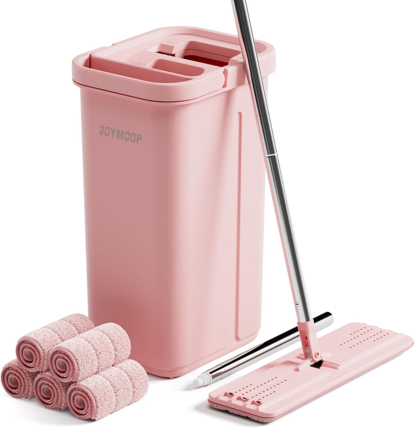 JOYMOOP Pink Mop and Bucket with Wringer Set for Home, with 5 Reusable Microfiber Mop Pads