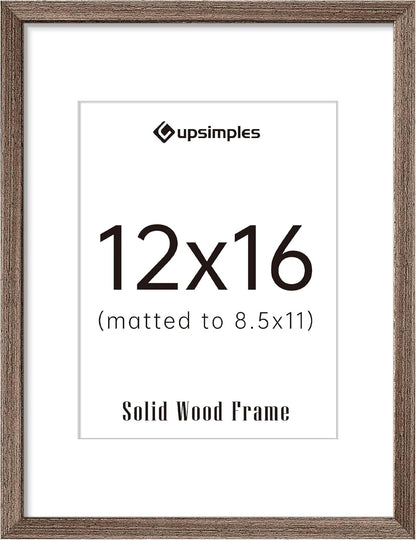 upsimples 12x16 Picture Frame, Natural Solid Wood Picture Frames, Display 8.5x11 with Mat or 12 x