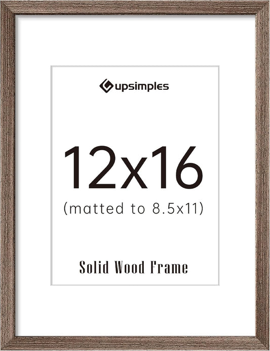 upsimples 12x16 Picture Frame, Natural Solid Wood Picture Frames, Display 8.5x11 with Mat or 12 x