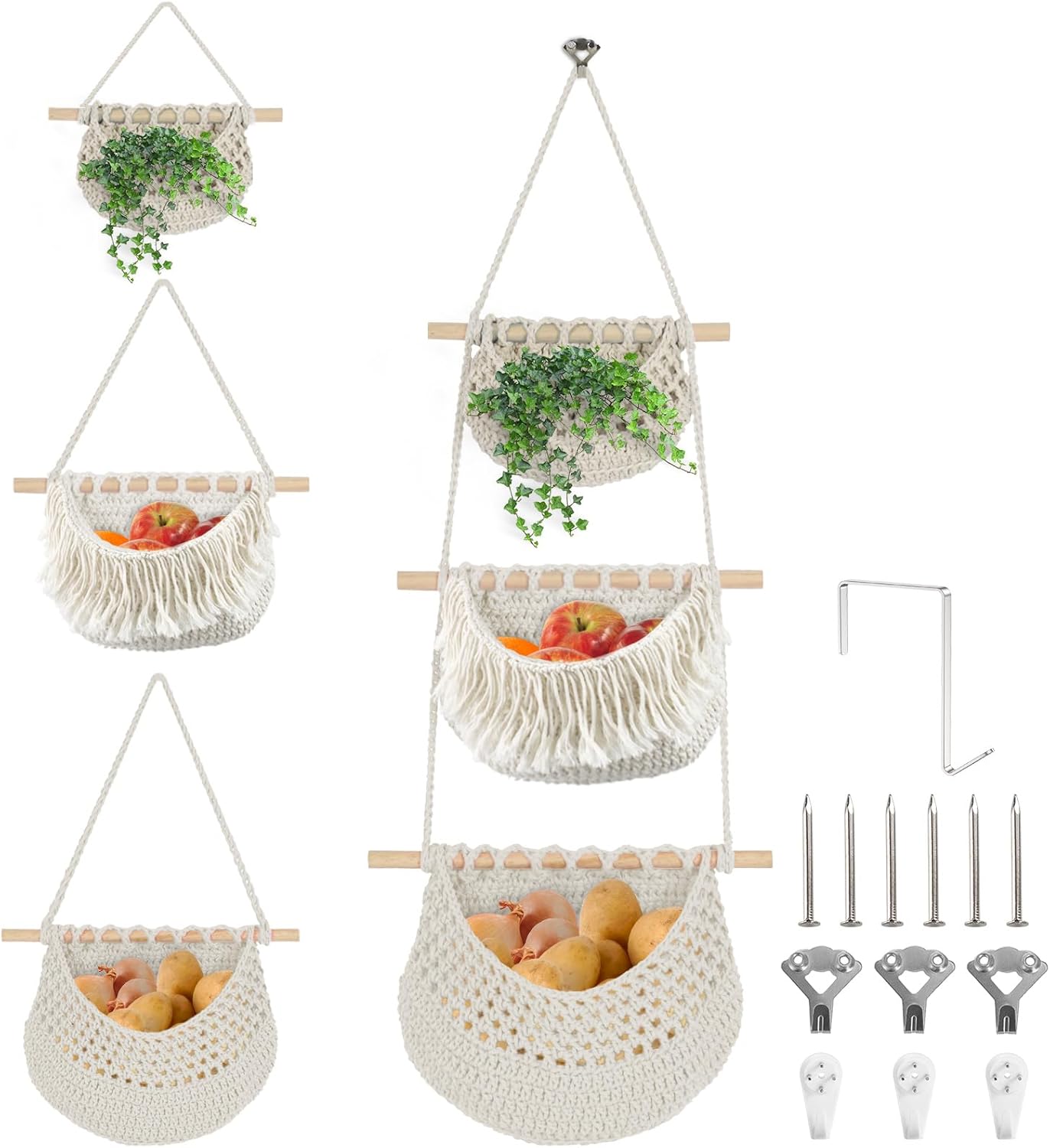 Hanging Baskets for Organizing, 3 Tier Detachable Wall Hanging Fruit Basket Over the Door Organizer