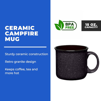 Set of 8 Ceramic Campfire Mugs – 15 Oz, Black – Coffee & Tea Cups for Home, Work, Travel, Camping