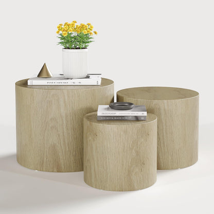 Vikiullf Nesting Coffee Table Set of 3, Round Wooden Coffee Tables, Modern Circle Table for Living