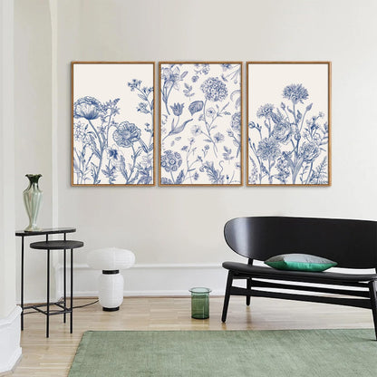 Tinonedraw Large Classic Chinoiserie Flower Framed Canvas Wall Art Set, Navy Blue and White Floral