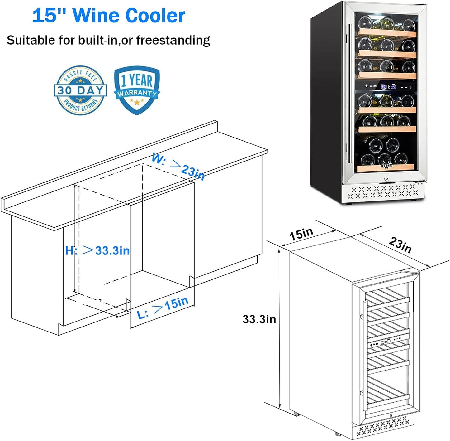 Tylza Mini Fridge 15 Inch Wine Cooler Under Counter, 33 Bottle Dual Zone Wine Fridge with Stainless