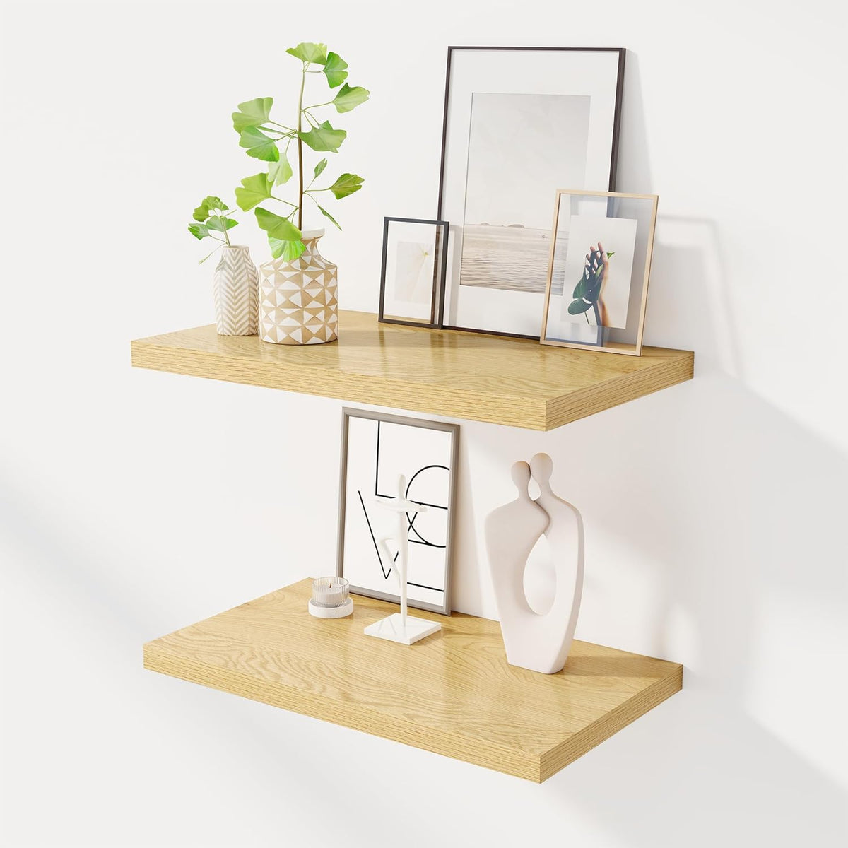 24" Floating Shelves for Wall, 12" Deep Slim Oak Floating Shelves, Wall-Mounted Shelves for