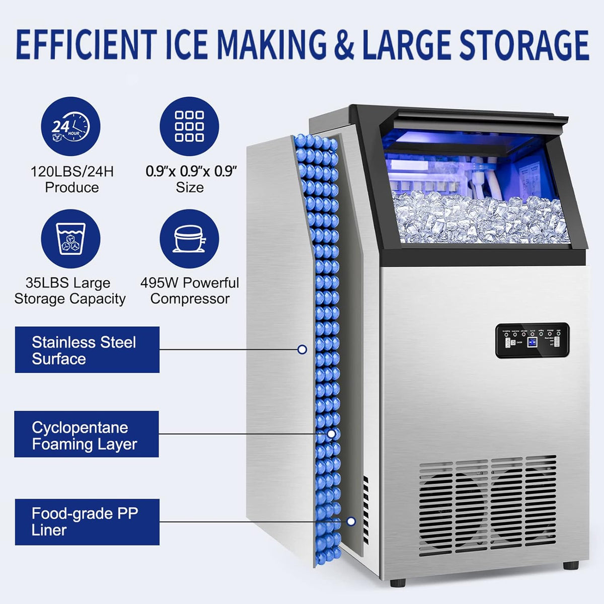 Commercial Ice Maker Machine 120Lbs/24H with 35Lbs Ice Capacity, 45Pcs Clear Ice Cubes Ready in