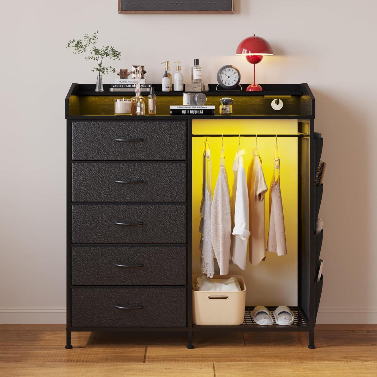 LUMTOK 2-in-1 Dresser with Hanging Racks,5 Fabric Drawers Dressers with LED Lights, Charging