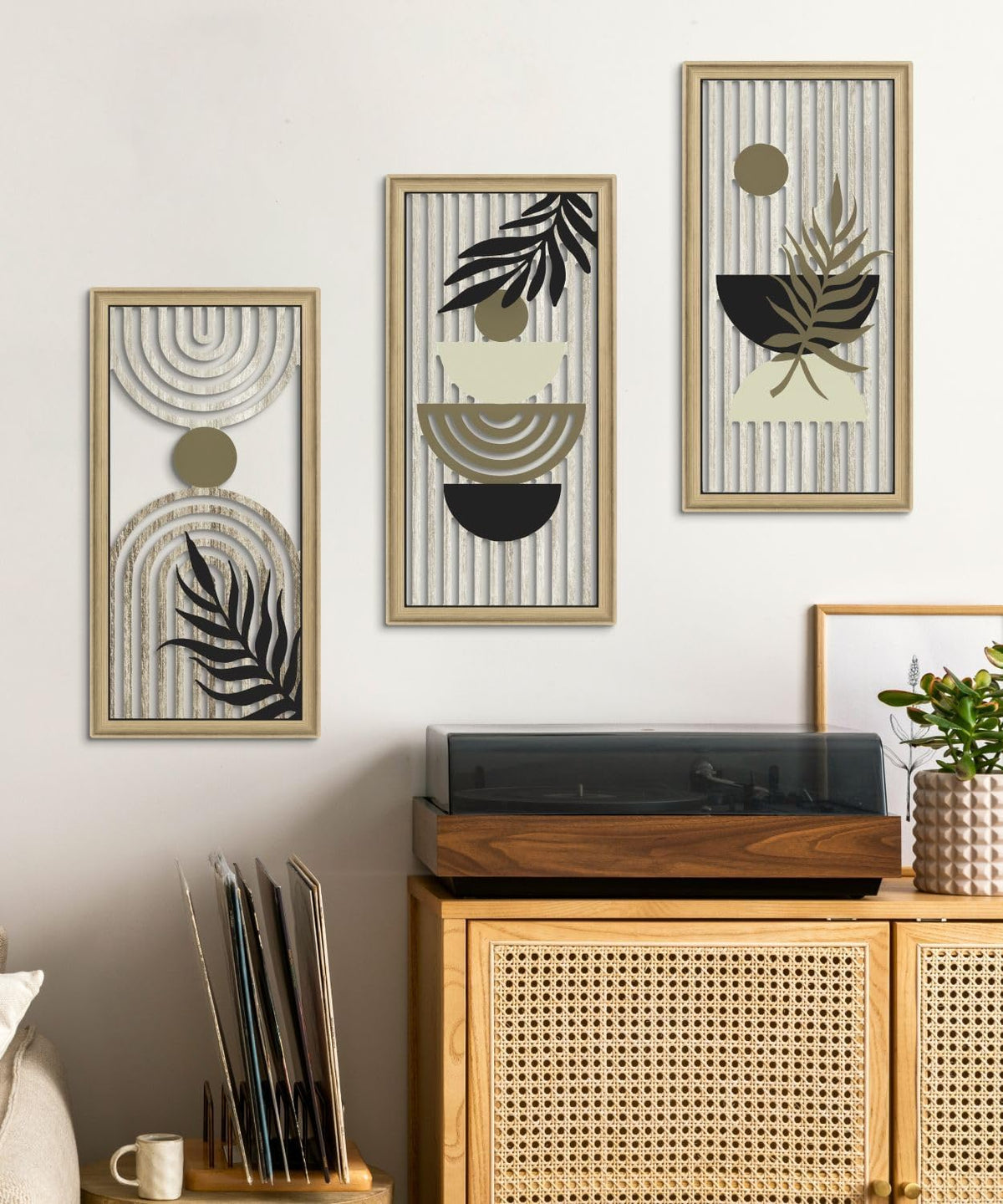 Putuo Decor Boho Abstract Wall Art, Set of 3, Modern Geometric Botanical Wooden Wall Decor