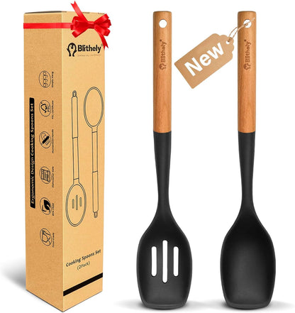 Large Silicone Cooking Spoon Set, 2 Pack Solid Slotted Spoon with Wooden Handle, Nonstick Silicone