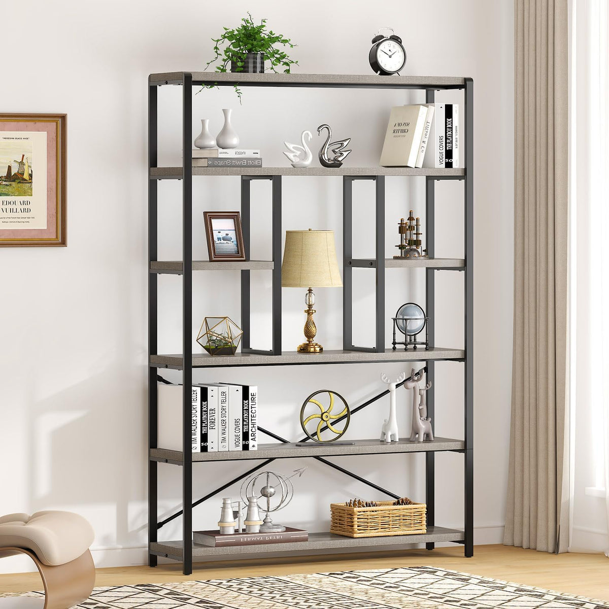 LVB Industrial 6 Tier Bookshelf, Large Tall Open Rustic Vintage Etagere Bookcase, Gray Big Wide