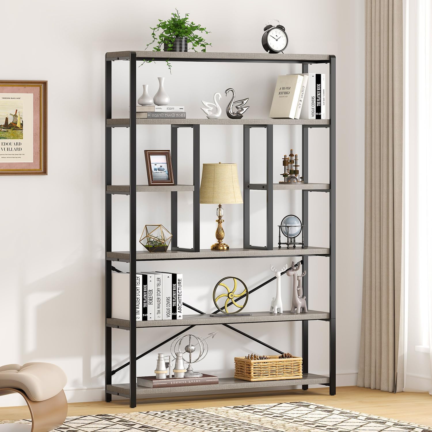 LVB Industrial 6 Tier Bookshelf, Large Tall Open Rustic Vintage Etagere Bookcase, Gray Big Wide