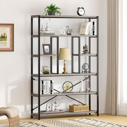 LVB Industrial 6 Tier Bookshelf, Large Tall Open Rustic Vintage Etagere Bookcase, Gray Big Wide