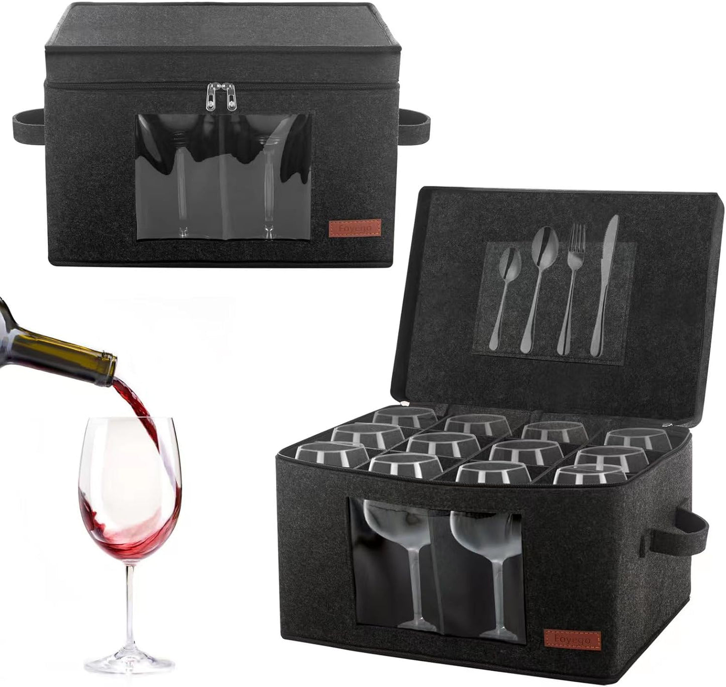 2 Pack Wine Glass Storage Box with Dividers, Stemware Storage Containers for Packing and Moving