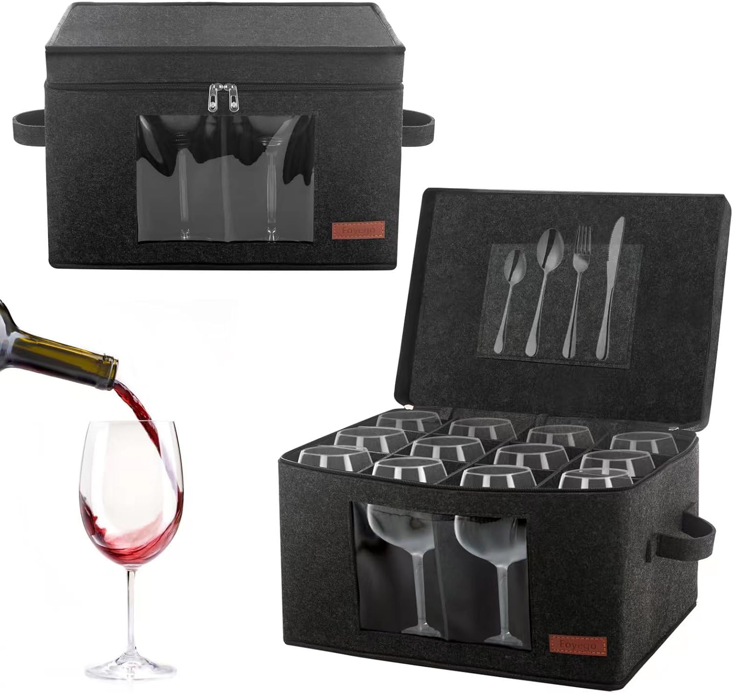 2 Pack Wine Glass Storage Box with Dividers, Stemware Storage Containers for Packing and Moving