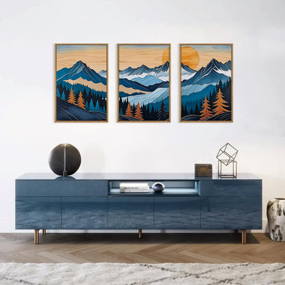 Celestdeco Blue Woodcut Mountain Framed Canvas Wall Art Set, Boho Abstract Ridge Wall Decor, Pine
