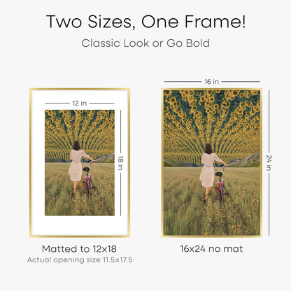 Homeforia 16 x 24 Picture Frame Gold, High End Metal 16x24 Poster Frames with Mat 12x18 Photo, 16 x