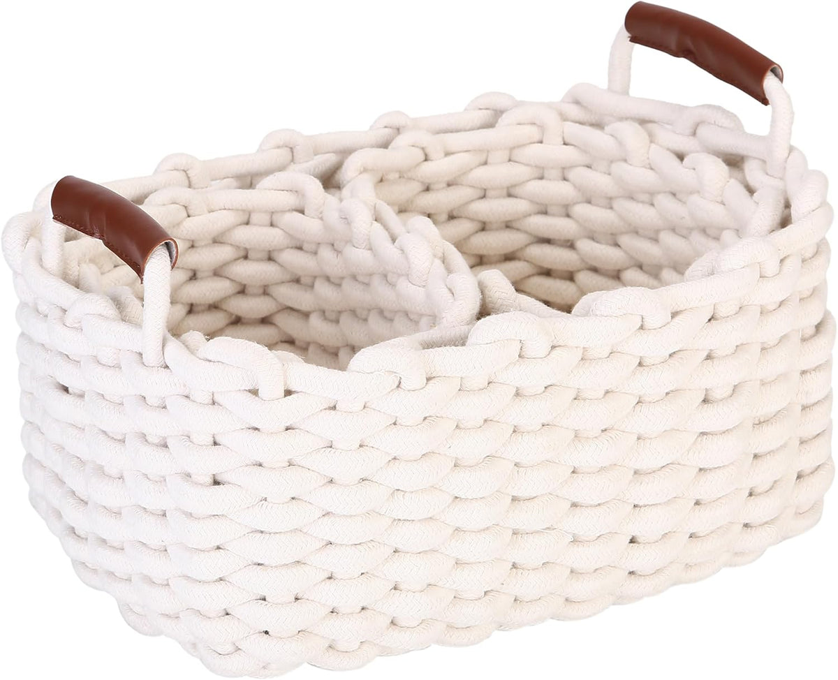Sea Team 3-Pack Rectangle Woven Cotton Rope Storage Baskets with Handles, Shelf Basket, Closet