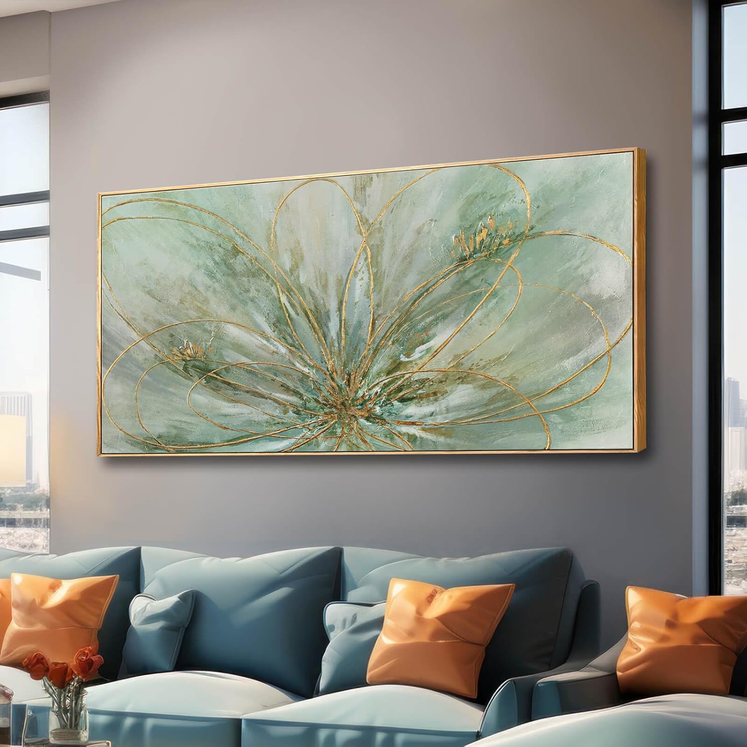 Framed Canvas Prints Gold Line Poster Abstract Wall Ar Green Pictures Wall Decor 29"x 58" Modern