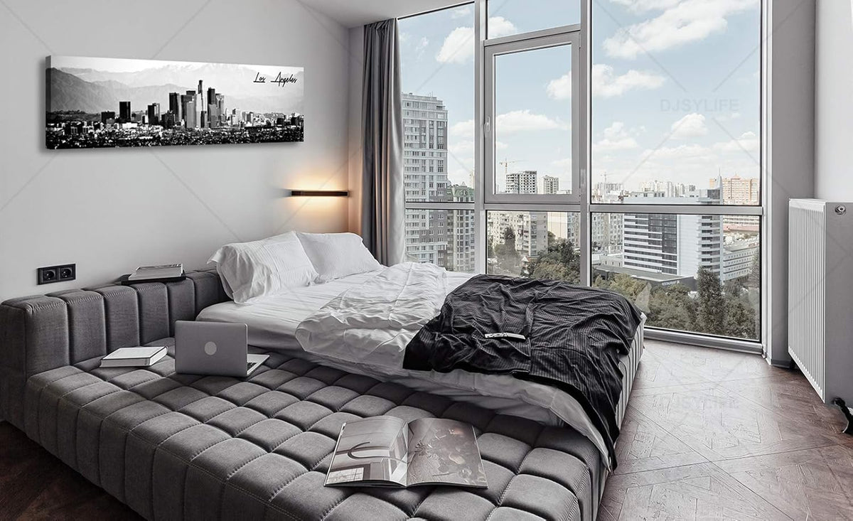 DJSYLIFE Los Angeles Skyline Wall Art Black and White USA Panoramic Cityscape Picture Canvas Prints