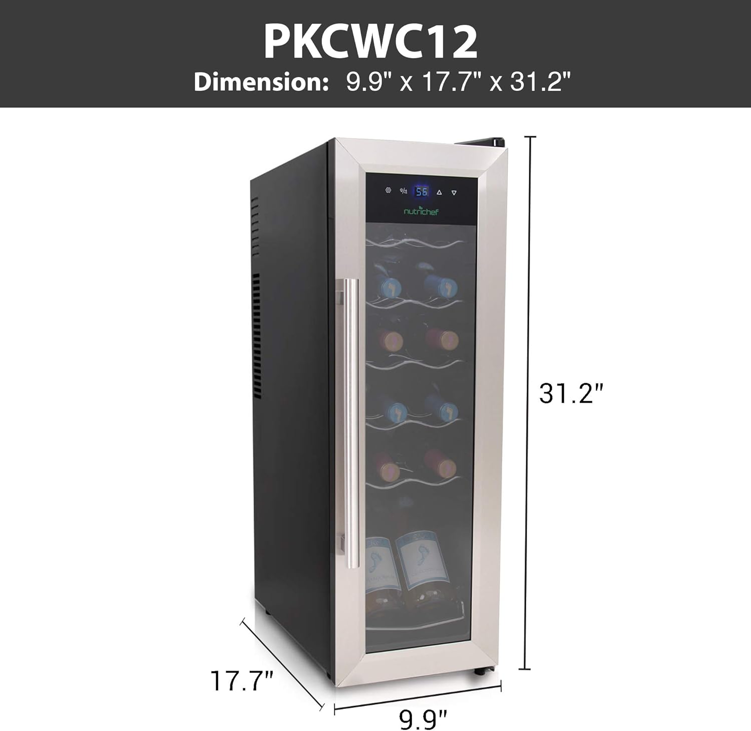NutriChef PKCWC12 12 Bottle Cooler Refrigerator White and Red Countertop Chiller, Freestanding